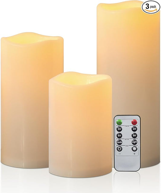 6" 8" 10" x 4" Waterproof Outdoor Flameless Candles Battery Operated LED Flickering Pillar Candles with Remote and Timer for Indoor Outdoor Lanterns, Long Lasting, Ivory White Large, Set of 3