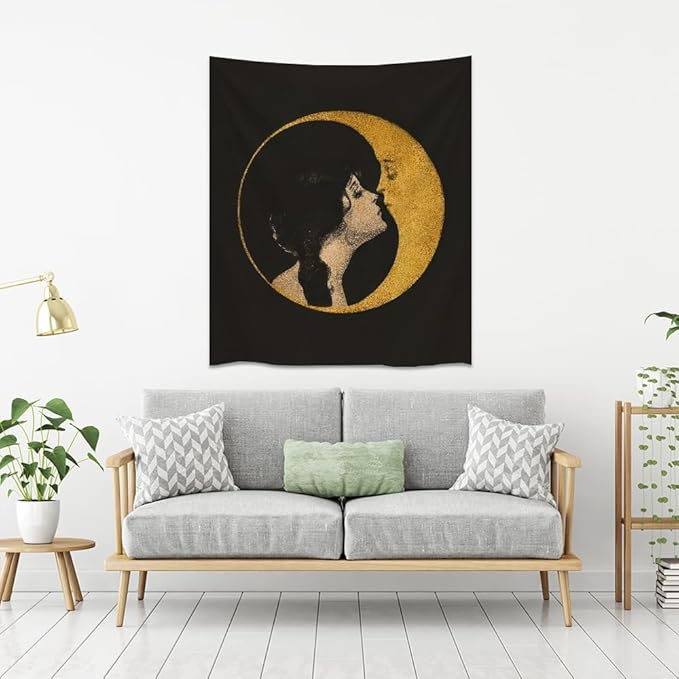 Dark Academia Woman Kissing Moon Art Tapestry Gothic Aesthetic Wall Hanging Witchy Picture Print Moon Goddess Tapestries Wall Decor for Living Room Bedroom Dorm 60x80inch
