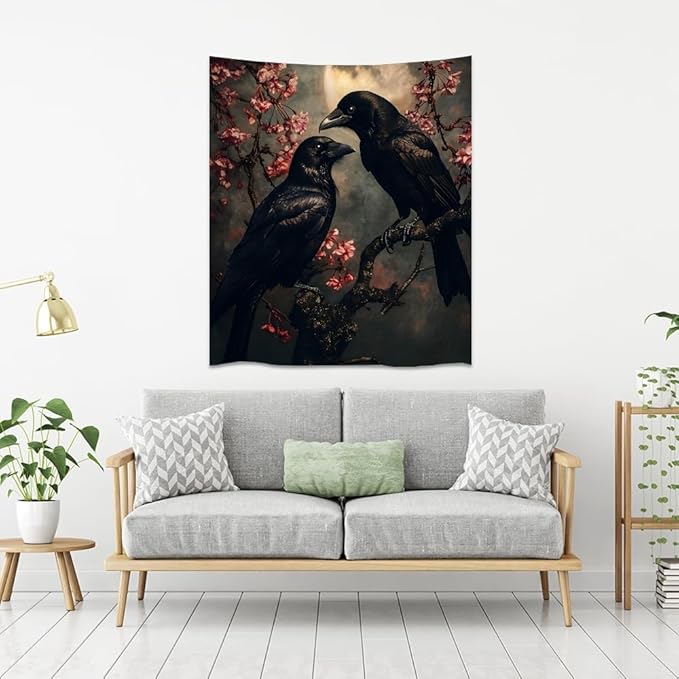 Mystic Gothic Raven Tapestry Halloween Crow Decor Vintage Dark Academia Bedroom Tapestries Retro Art Aesthetic Wall Tapestry for Bedroom Dorm Living Room white