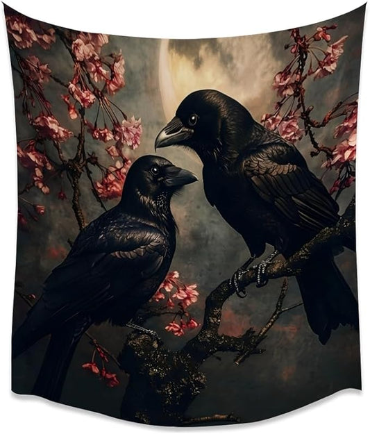 Mystic Gothic Raven Tapestry Halloween Crow Decor Vintage Dark Academia Bedroom Tapestries Retro Art Aesthetic Wall Tapestry for Bedroom Dorm Living Room white