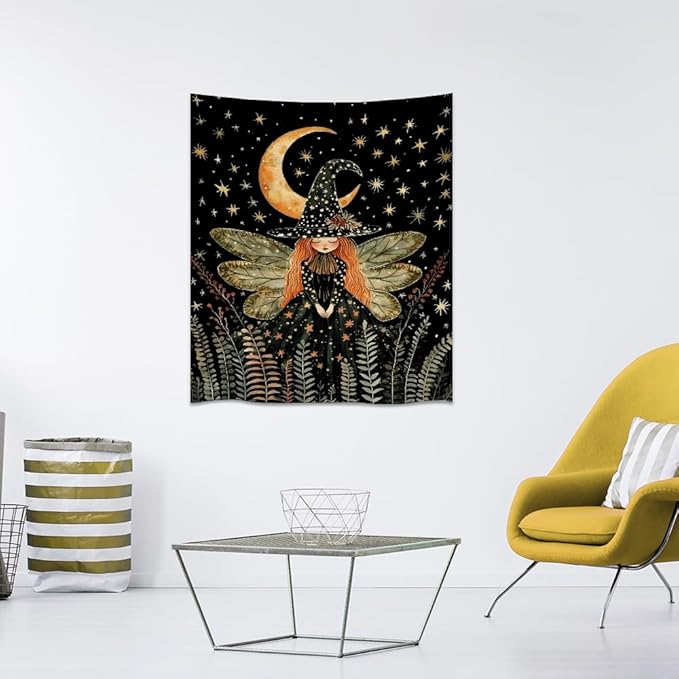 Dark Academia Witch Fairy Tapestry Wall Hanging Magical Moon Starry Night Art Print Halloween Witchy Artwork Aesthetic Wall Tapestries for Girls Bedroom Living Room Dorm Decoration 70x90inch