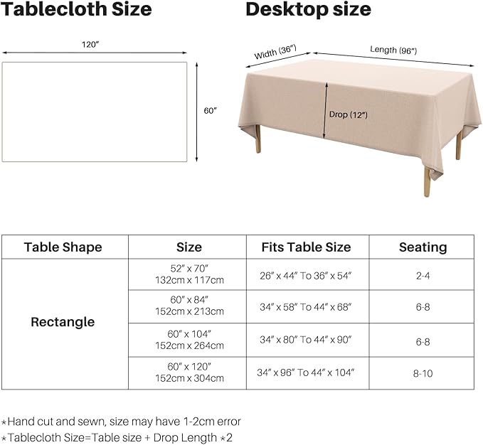 IVAPUPU Textured Linen Table Cloth for Rectangle Table - Khaki Tablecloths Rectangular Waterproof Wrinkle Free Wipeable Dining Cover for Spring Wedding Birthday Kitchen Decor, 60 x 120 Inch