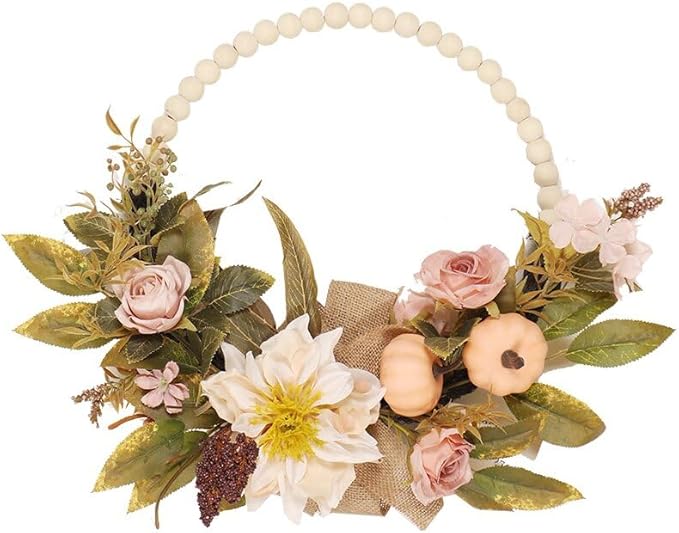 Fall Wreaths for Front Door, Autumn Wreath with Pumpkins, Berries and Leaves for Indoor Outdoor Porch Thanksgiving Farmhouse Harvest Halloween Home Décor (Pink Pumpkin)