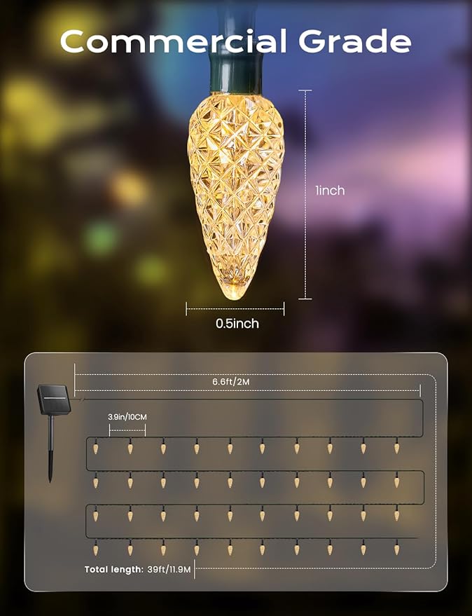 Brightown Solar Operated C6 Strawberry String Lights, 39ft 100 LEDs Warm White LED Christmas Fairy Lights, Solar Christmas Lights Outdoor, Christmas Decorations for Christmas Tree, Garden Decor