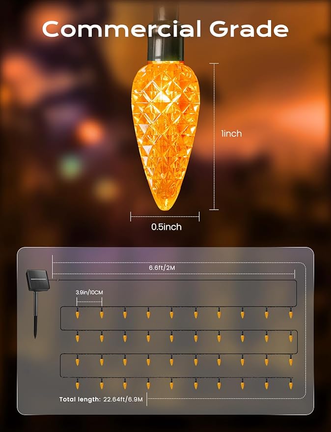 Brightown Solar Operated C6 Halloween Outdoor Lights, 22.64ft 50 LEDs Orange Halloween Lights, Strawberry LED Fairy Lights, Solar Waterproof String Light for Tree, Garden Decor Outdoor Decorations