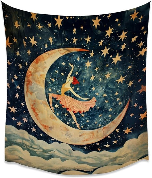 Dancer on the Moon Tapestry Starry Night Sky Art Print Dark Academia Gothic Aesthetic Wall Hanging Stars Moon Clouds Tapestries Whimsical Wall Decor for Nursery Bedroom 60x80inch