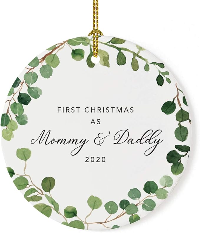 Andaz Press Custom Year Round Ceramic Porcelain Christmas Tree Ornament Keepsake Collectible Gift, First Christmas as Mommy & Daddy 2025, Farmhouse Eucalyptus Wreath, 1-PackNew