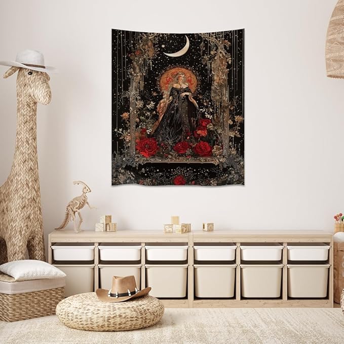 Dark Academia Moon Goddess Tapestry Gothic Fantasy Rose Wall Art Mystical Witchy Woman Print Victorian Artwork Aesthetic Tapestries Wall Hanging for Girls Room Bedroom Decor 40x60inch
