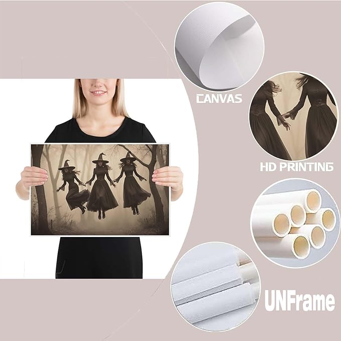 JFHCQJPK Three ghost witches flying in vintage forest gothic wall art witchcraft decoration holiday gift canvas wall art print16x24in Frameless