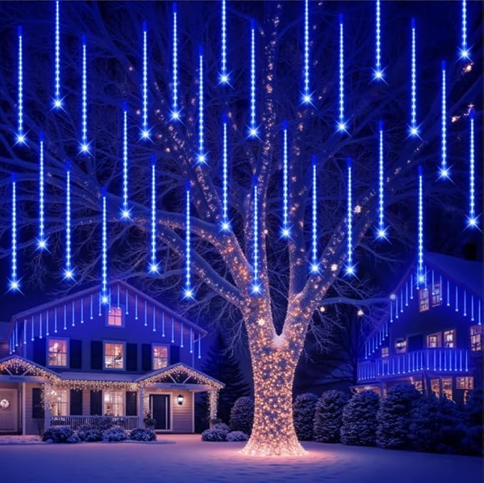 PEMOTech Christmas Lights Outdoor, [Timing Function] 24tubes 30cm 576 Led Meteor Shower Lights, Waterproof Christmas Decorations Icicle Light for ChristmasTrees Halloween Party, Ul Plug,Blue