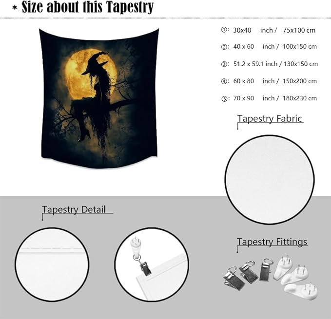 Halloween Witch Tapestry Wall Art Witchcore Moon Aesthetic Print Dark Academia Gothic Tapestries Wall Hanging Horror Ghost Halloween Party Decor for Home Living Room Bedroom 40x60inch