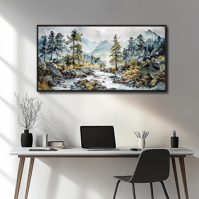 PHAOHUAXM Large Wall Art For Bedroom Wall Decor For Living Room Office Home Decoration Rivulet View Painting Forest Tree Landscape Watercolour Canvas Pictures Ready To Hang Black Framed 20x40 In