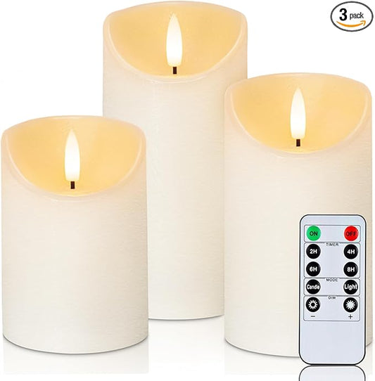Homemory Flickering Flameless Candles, Realistic LED Candles with Remote and Timer, Textured Wax with Water Ripple, Battery Operated Wax Candles, Set of 3, Ivory