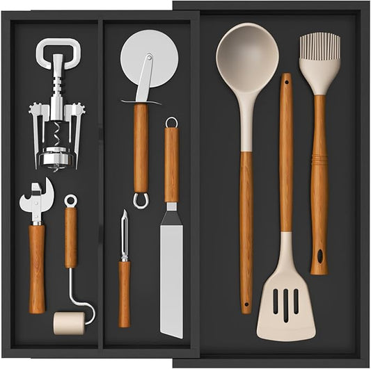 Lifewit Utensil Drawer Organizer, Expendable Cooking Silverware Tray for Kitchen Drawer, Bamboo Adjustable Cutlery Flatware Holder, Spatula Tools and Gadgets Storage Divider, 3 Compartments, Black