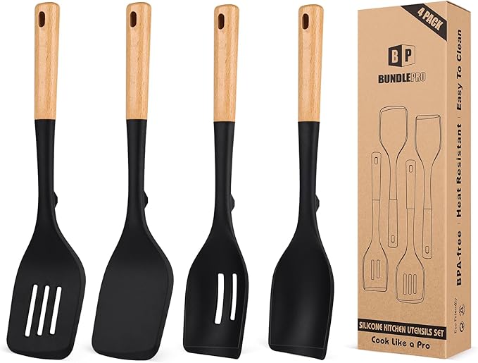 Pack of 4 Silicone Kitchen Utensils Set, Non Stick Solid Spatulas and Heat Resistant Slotted Spoons with Wooden Handle, Ideal BPA Free Cooking Utensils for Mixing,Serving,Turning,Stirring(BLACK)