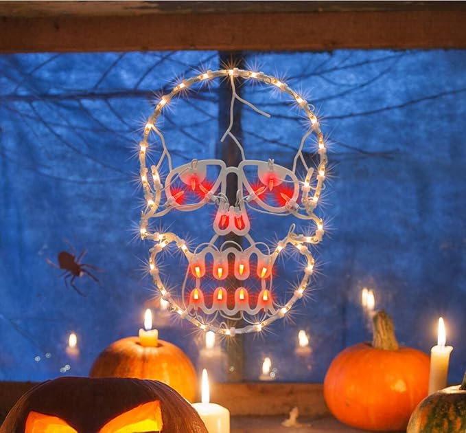 13.3" Lighted Skull Halloween Window Silhouette Decoration,Halloween Lighted Window Decoration,Hanging Light Up Holiday Ornament (Skull Light)