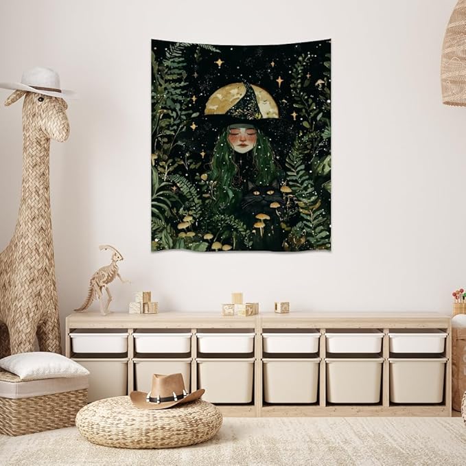 Moon Witch Tapestry Wall Hanging Mystical Botanical Green Print Dark Forest Witchy Decor Gothic Magical Black Cat and Moon Tapestries for Bedroom Living Room Dorm Decoration Aesthetic 40x60inch