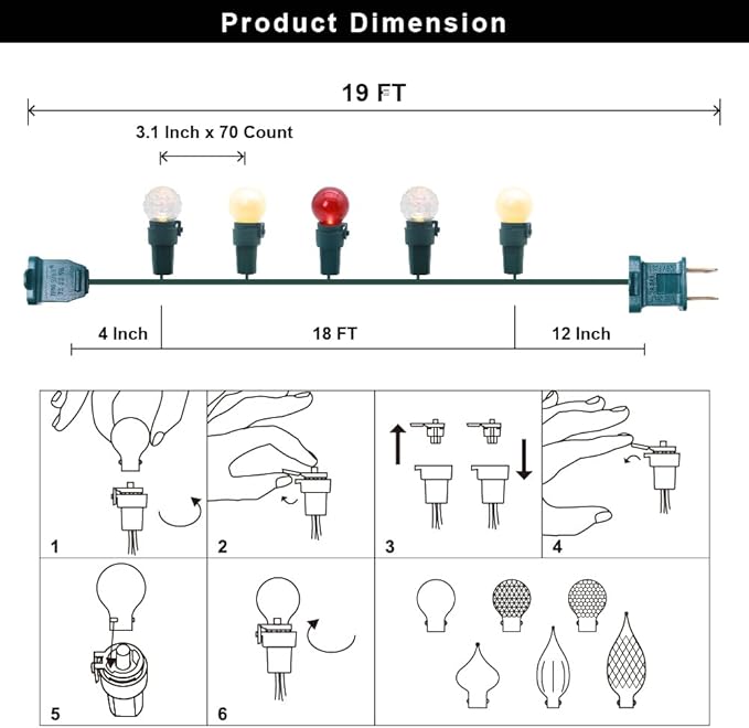 G15 Pearlized Red White Christmas Lights - 19Ft 70 LEDs Waterproof Connectable LED String Lights Indoor/Outdoor Globe Lights for Tree, Halloween Decoration, Holiday Party