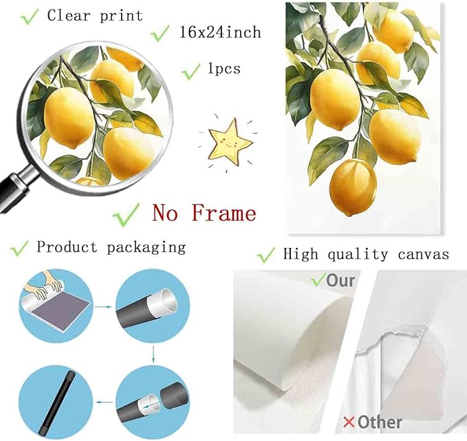 Lemon Tree Canvas Wall Art Vintage Lemons Painting Lemon Branch Wall Art Rustic Fruit Pictures Fruit Market Print Vintage Citrus picture Still Life Painting Living Room Decor 16x24inch No Frame