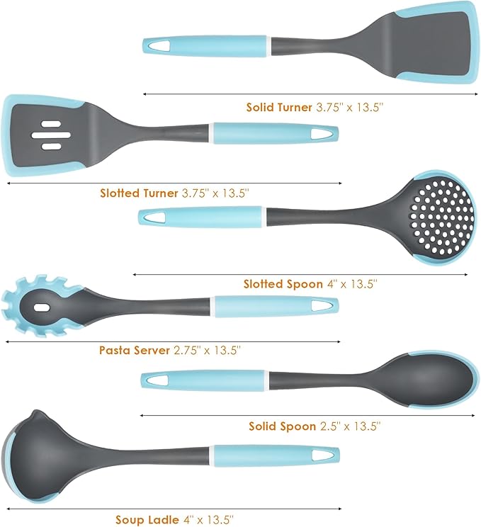 Kitchen Cooking Utensils Set, Non-Stick Spatula Set with Rotating Stand, 6 PCS Silicone Utensils Set for Cooking, 400°F Heat Resistant, Kitchen Gadgets with Nylon Handle & Stable Holder, Grey Blue