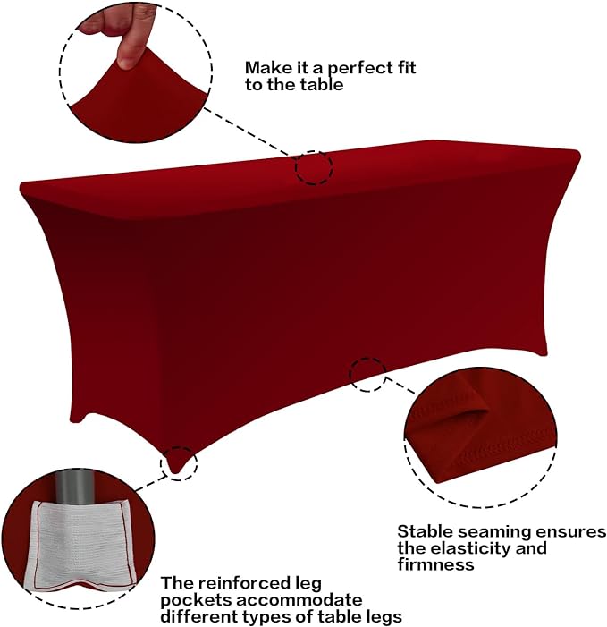 IVAPUPU 2 Pack 8FT Table Cloth for Rectangular Fitted Events Stretch Burgundy Table Covers Washable Cover Spandex Tablecloth Protector for Party, Wedding, Cocktail, Banquet, Festival
