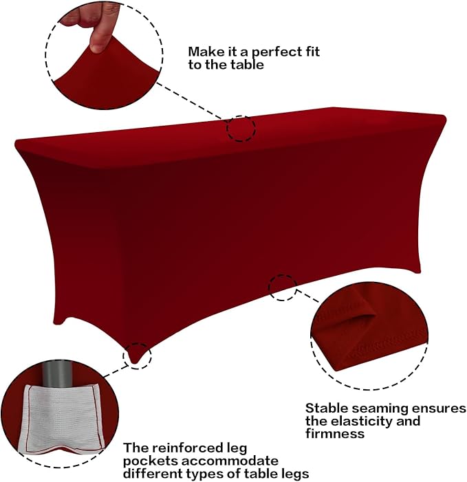 IVAPUPU 2 Pack 4FT Table Cloth for Rectangular Fitted Events Stretch Burgundy Table Covers Washable Spandex Tablecloth Protector for Party, Wedding, Cocktail, Banquet, Festival