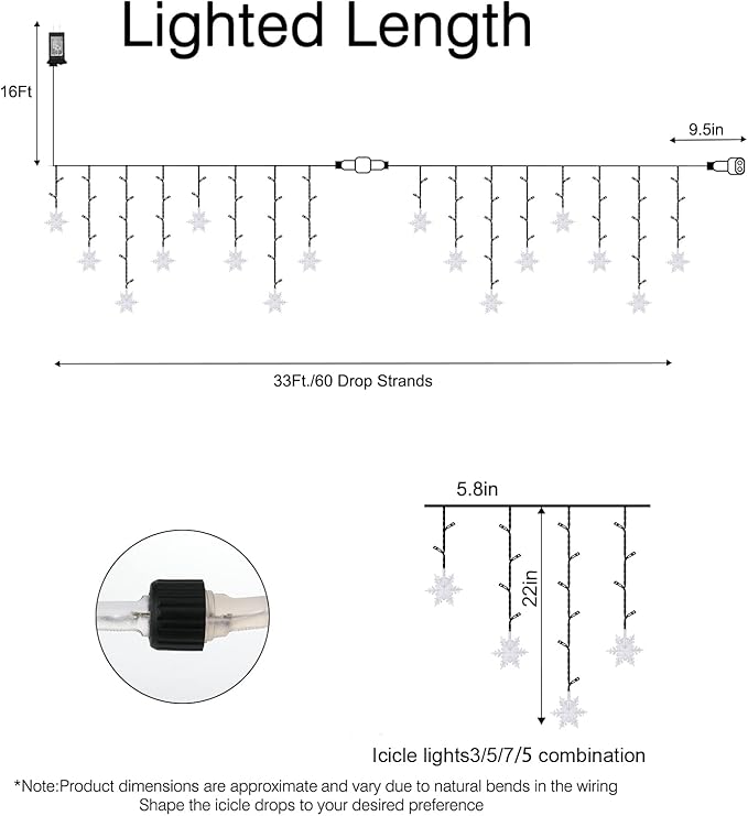 Brightown Christmas Icicle Lights Outdoor, 33 Feet 60 Drops with 300 LED, Twinkle Fairy String Lights 8 Modes Waterproof Connectable for Christmas Decorations (Pure White)