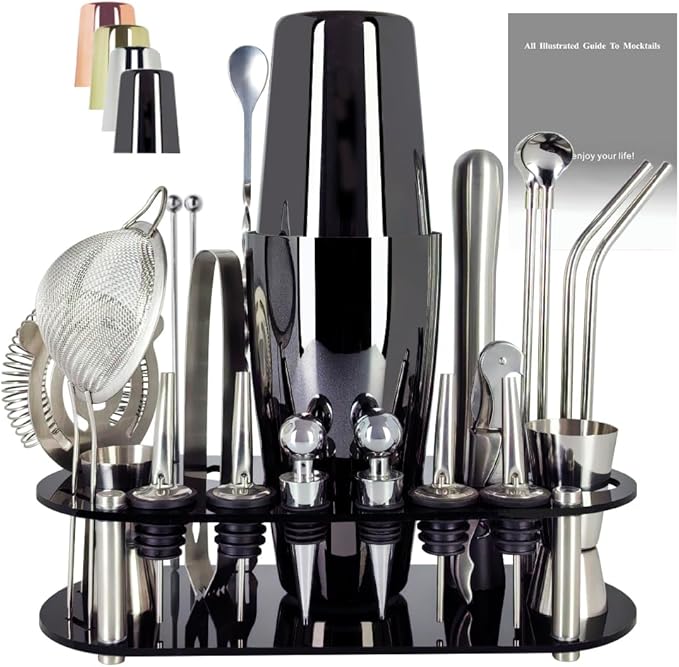 22-Piece Cocktail Shaker Set, 25/20oz Bartender Kit, Bartending Stainless Steel Bar Tools Sets for Drink Mixing, Boston Cocktail Shakers with Stand Recipes Booklet (Black-25-20oz)