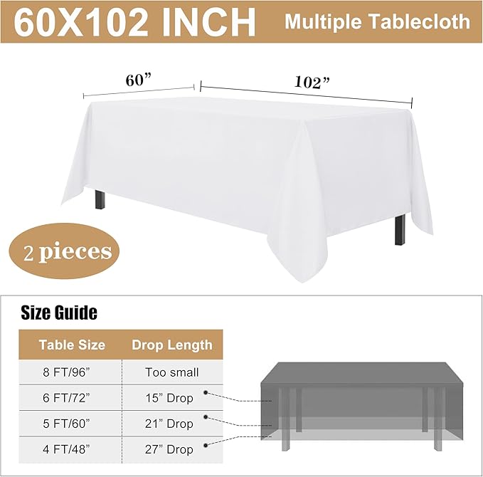 sancua 2 Pack White Tablecloth 60 x 102 Inch, Rectangle 6 Feet Table Cloth - Stain and Wrinkle Resistant Washable Polyester Table Cover for Dining Tables, Buffet Parties and Camping