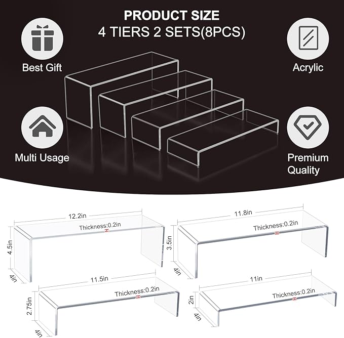 Acrylic Display Risers,12'' Large Display Stands, Thickened to 0.2''(5mm) Stackable Acrylic Shelves for Perfume Display, Clear Risers for Cupcake Stand,Pop Figurines,Tumbler,Food (Clear, 8PCS)