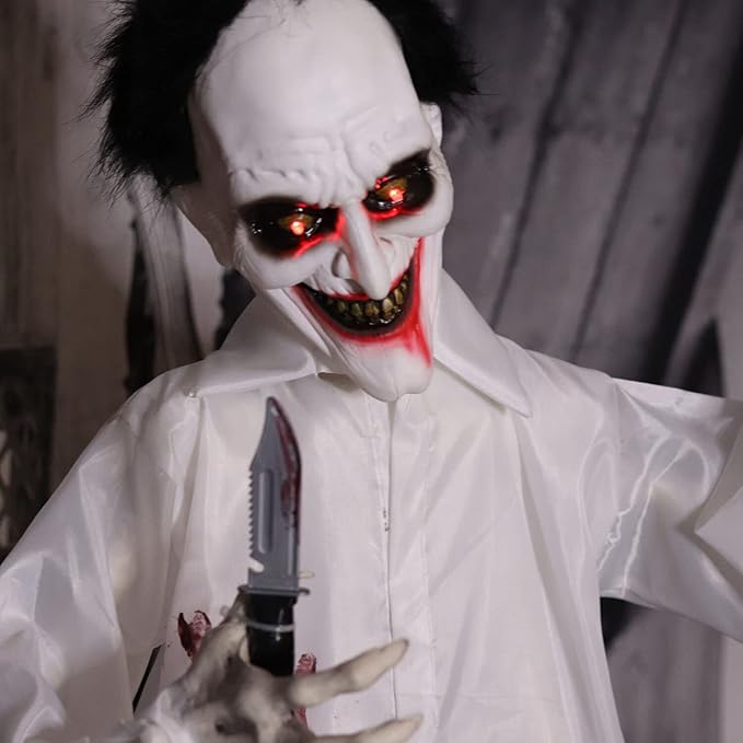 Haunted Hill Farm Life-Size Scary Animatronic Doctor with Touch Activated Lights and Sounds, Indoor or Covered Outdoor Spooky Halloween Decorations for Home or Haunted House, Battery-Operated