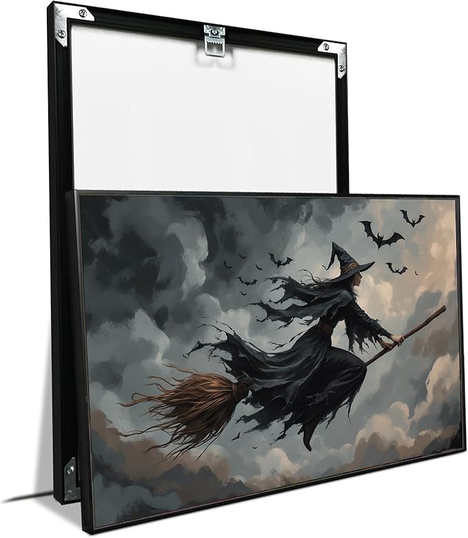 JFHCQJPK Witch and bat flying Halloween poster suitable for home party wall decoration retro Halloween preppy style wall art canvas print suitable for room decoration8x12in Metal blackFramed