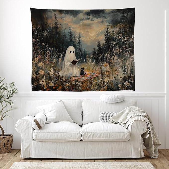 Halloween Ghost and Black Cat Tapestry Wall Hanging Spooky Ghos Reading Book in Wildflowers Wall Decor Halloween Witchy Room Aesthetic Tapestries for Goth Living Room Bedroom Decoration 40x60inch