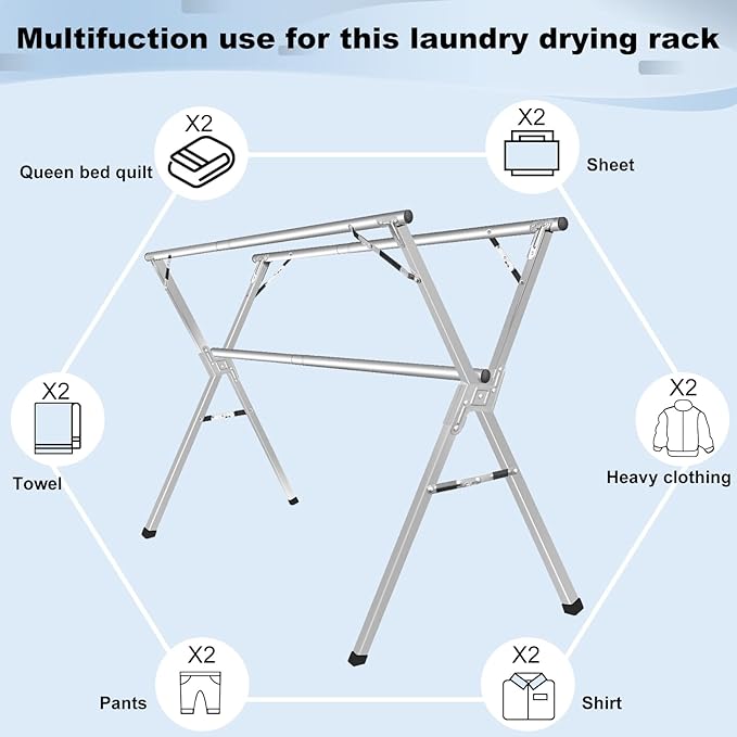 Sillars Clothes Drying Rack, 63 inches Laundry Drying Rack Clothing Foldable & Collapsible Stainless Steel Heavy Duty Clothing Drying Rack with Windproof Hooks for Indoor Outdoor