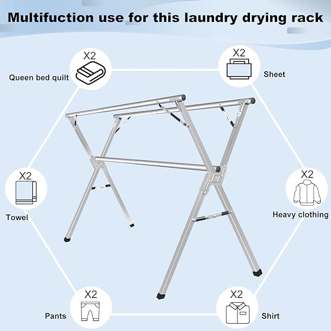 Sillars Clothes Drying Rack, 79 inches Laundry Drying Rack Clothing Foldable & Collapsible Stainless Steel Heavy Duty Clothing Drying Rack with Windproof Hooks for Indoor Outdoor