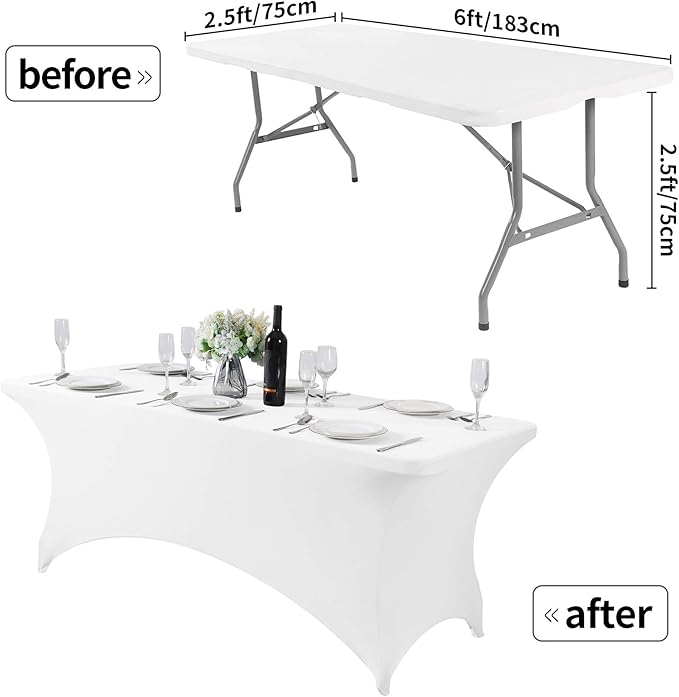 6PCS Spandex Table Cover for 6FT Table Universal Fitted Stretch Tablecloth for Party, Banquet, Wedding and Events-White
