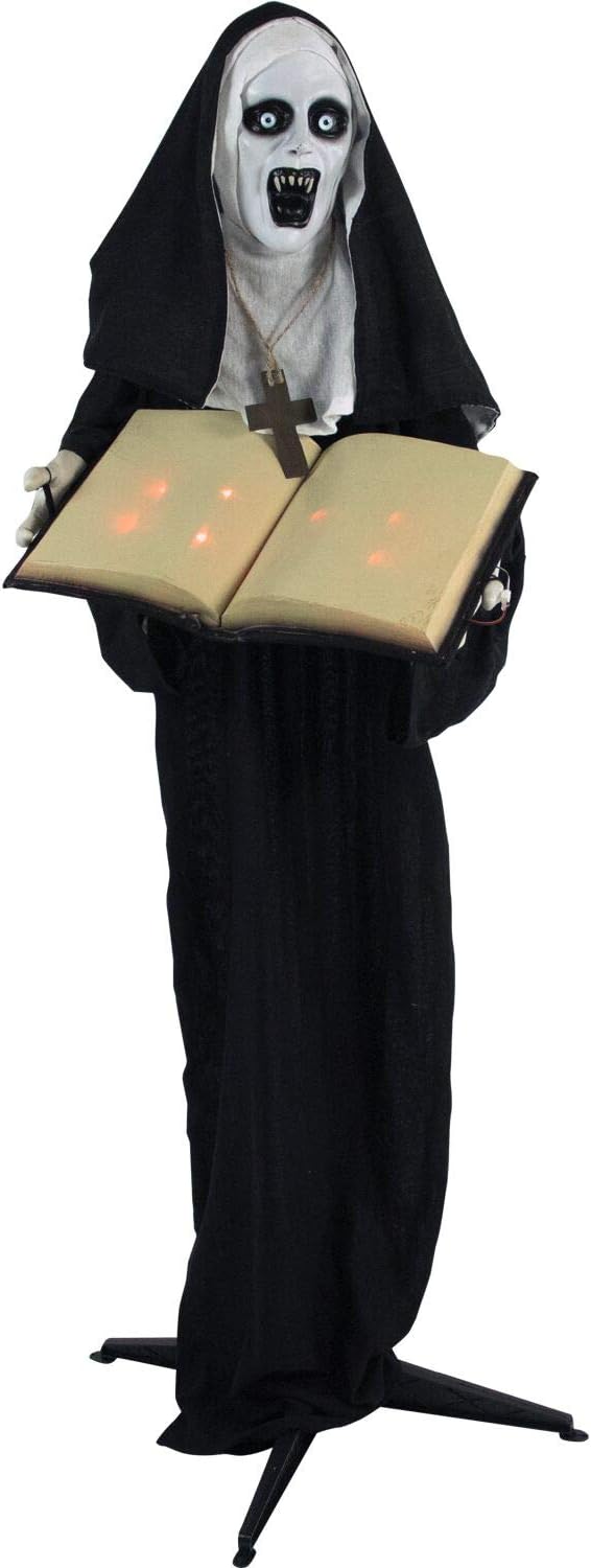 Haunted Hill Farm Life-Size Scary Talking Witch Nun Halloween Animatronic with Touch Activated Lights and Sound, Poseable, Battery Operated Indoor or Covered Outdoor Creepy Halloween Decorations