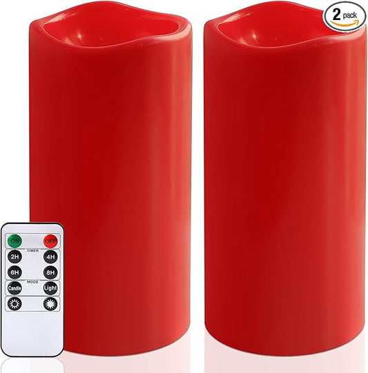 NURADA 8" x 4" Large Outdoor Flameless Candles - Waterproof LED Pillar Flickering Candle Battery Operated with Timer Remote Control for Patio Porch Christmas Decor - 2 Pack Red
