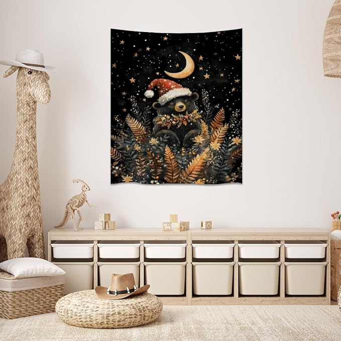 Whimsical Christmas Tapestry Moon Stars Dark Aesthetic Wall Hanging Decor Cute Bear Tapestries for Kids Room Decoration Funny Christmas wall art for Bedroom Dorm Living Room 40x60inch