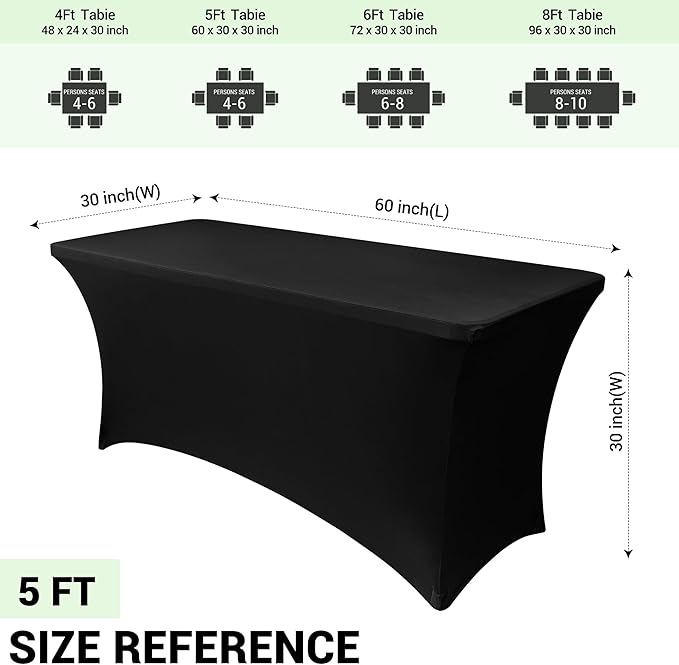 Obstal Spandex Table Cover 5ft Fitted Tablecloth Rectangular - Black Rectangle Folding Table Cloth for Birthday Party Wedding Banquet, 60L x 30W Inch