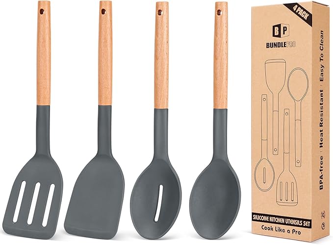 Pack of 4 Silicone Cooking Utensils Set, Non Stick Solid Spatulas and Heat Resistant Slotted Spoons with Wooden Handle, Ideal Wood Kitchen Utensils Set for Frying,Serving,Turning,Stirring (GRAY)