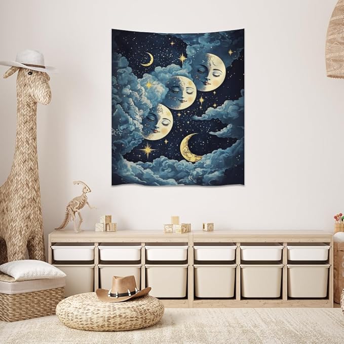 Blue Moon Faces Tapestry Celestial Wall Art Dark Academia Aesthetic Print Stars Clouds Tapestries Wall Hanging whimsical Gothic Home Decor for Bedroom Living Room 60x80inch