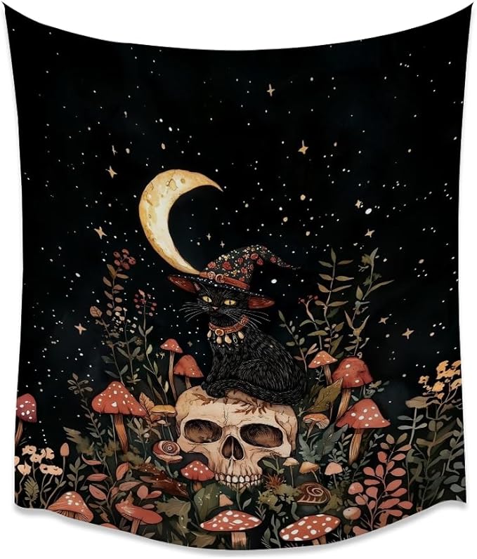 Halloween Witch Cat Tapestry Gothic Skull and Mushroom Artwork Print Spooky Halloween Witchy Wall Hanging Decor Black Cat Crescent Moon art Tapestries for Living Room Bedroom Decoration 30x40inch
