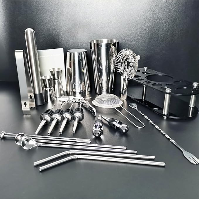 22-Piece Cocktail Shaker Set, 25/20oz Bartender Kit, Bartending Stainless Steel Bar Tools Sets for Drink Mixing, Boston Cocktail Shakers with Stand Recipes Booklet (Siver 25-20oz)