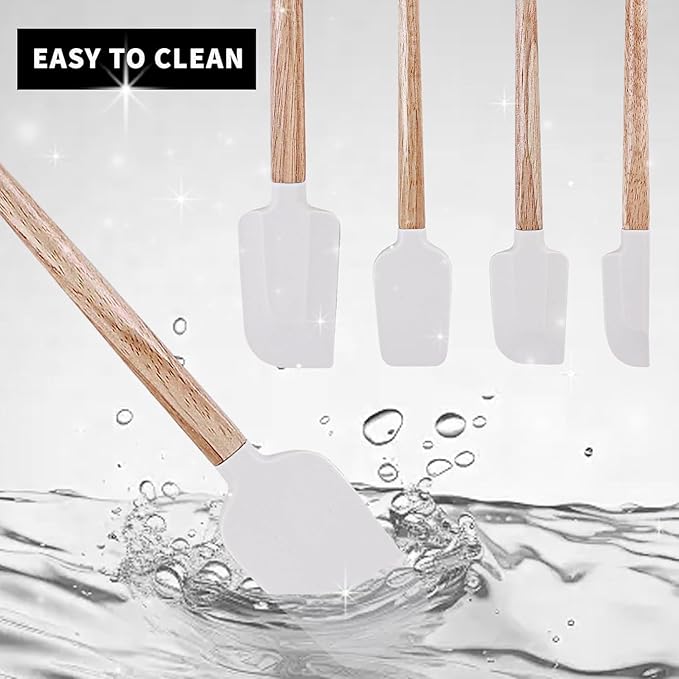 Ptanexx Wooden Handle Silicone Spatula Set 5 Piece, Batter Mixing Spatula, Spatula for Cooking, Jars, Baking, Mixing, Frosting