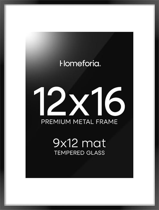 Homeforia 12x16 Picture Frame Black, High End Metal 12x16 Poster Frames with Mat 9x12 for Photo, 12 x 16 Black Frame Matted to 9 by 12 inch Print, 16x12 Thin Frames, Tempered Glass, Wall Kit, Set of 1