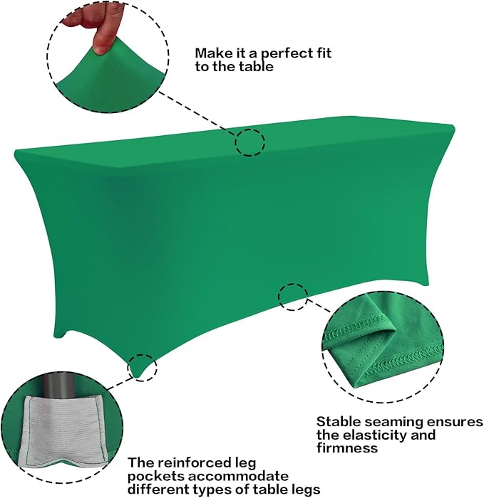 IVAPUPU 2 Pack 4FT Table Cloth for Rectangular Fitted Events Stretch Emerald Green Table Covers Washable Cover Spandex Tablecloth Protector for Party, Wedding, Cocktail, Banquet, Festival