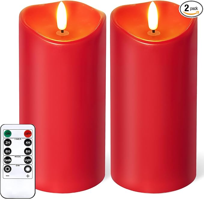 NURADA Outdoor Flameless Candles with Remote Timer - Waterproof Realistic Flickering LED Pillar Electric Battery Operated Fake Candle for Home Wedding Christmas Decor - 2 Pack Red(D3”H6”6”)