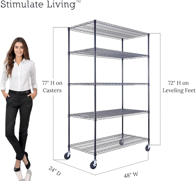 48"x24"x72" Prime Heavy Duty Black 5-Tier Steel Wire Shelving NSF 4000 LBS MAX Capacity Storage Rack for Commercial, School, Home, Garage, Warehouse, Industrial, and Hospital Uses (with Wheels)