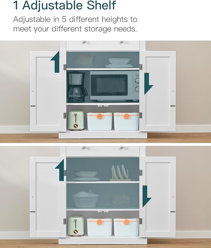 usikey 72” Pantry Cabinet, Tall Kitchen Storage Cabinet with 4 Doors and 1 Drawer, Cupboard with 6 Hanging Shelves and Adjustable Shelves for Kitchen, Dining Room, Living Room, White